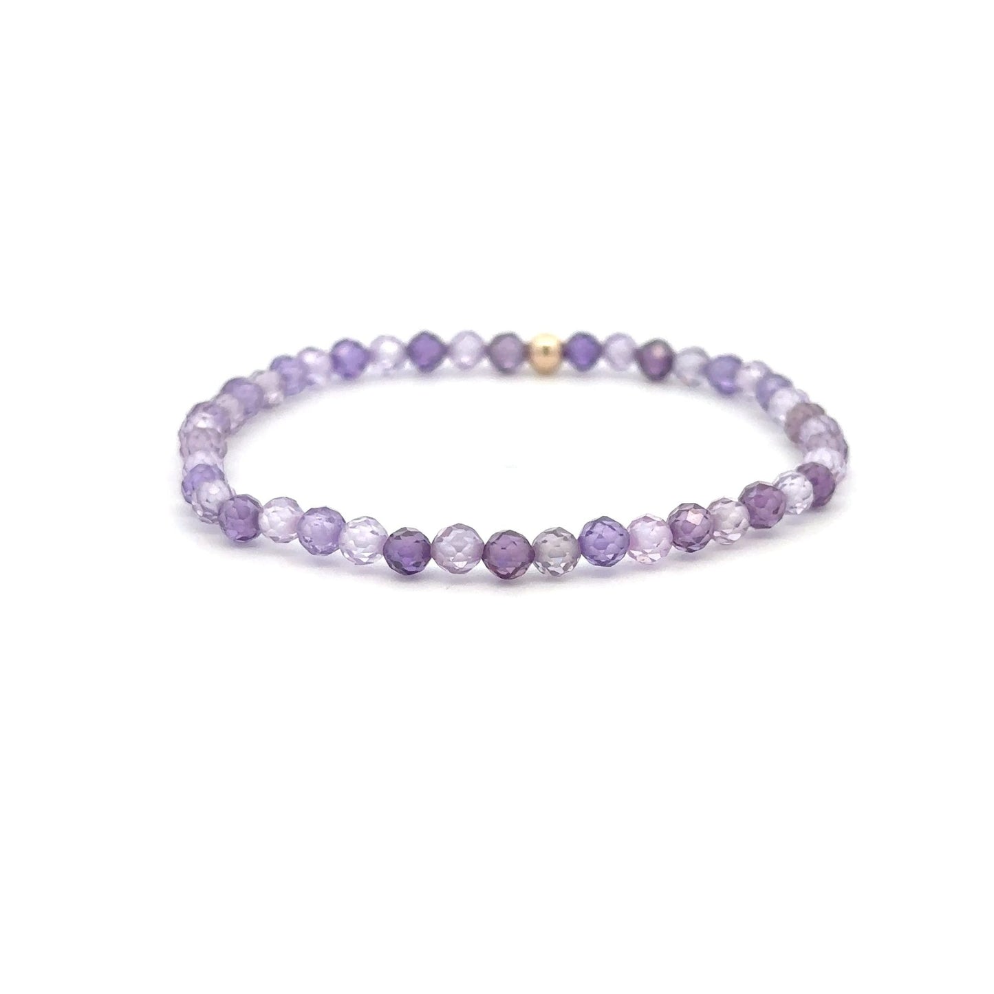 Cubic Zirconia Purple Micro Faceted Gemstone Beaded Stretch Bracelet 14K Gold Accent Bead Handmade - Rafant