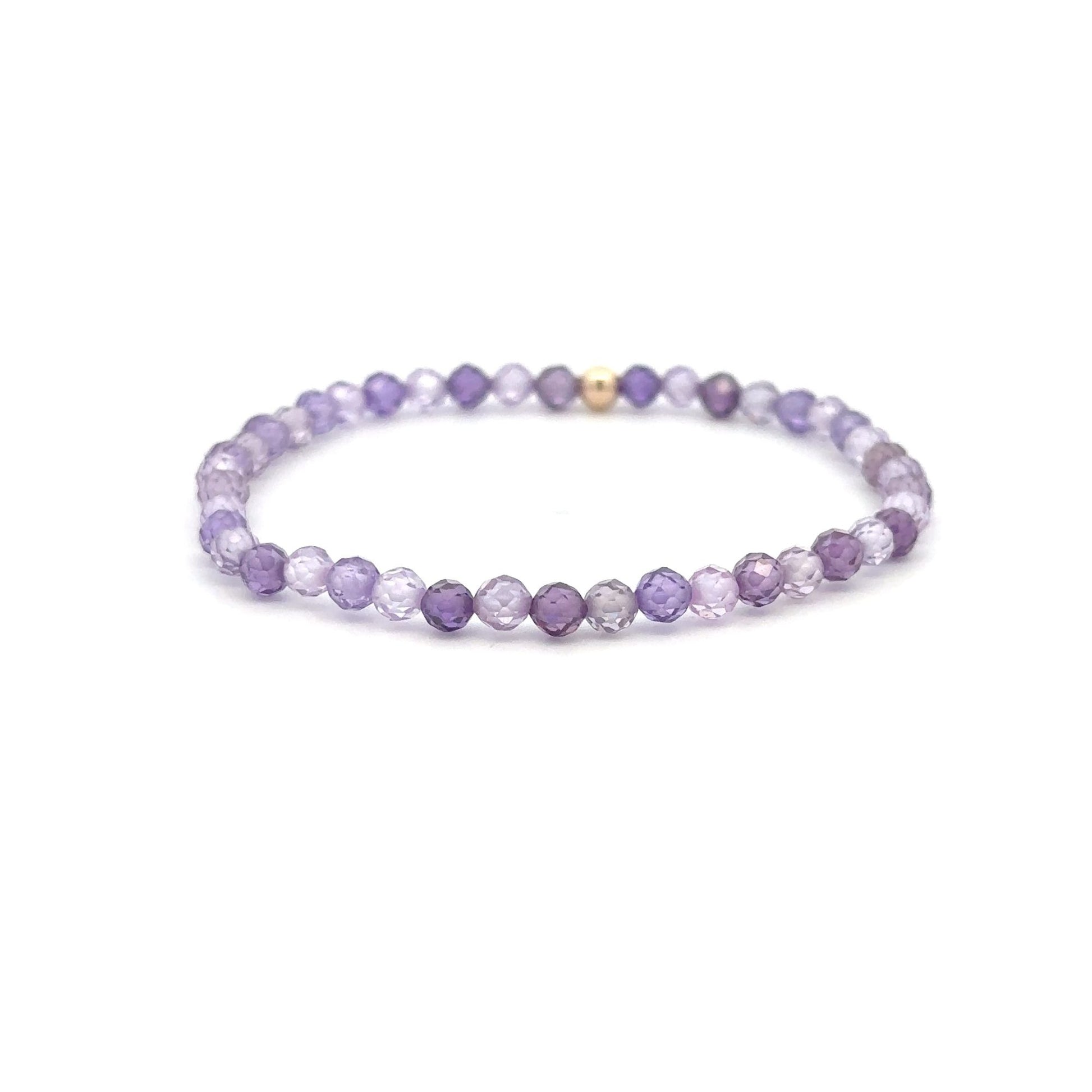 Cubic Zirconia Purple Micro Faceted Gemstone Beaded Stretch Bracelet 14K Gold Accent Bead Handmade - Rafant