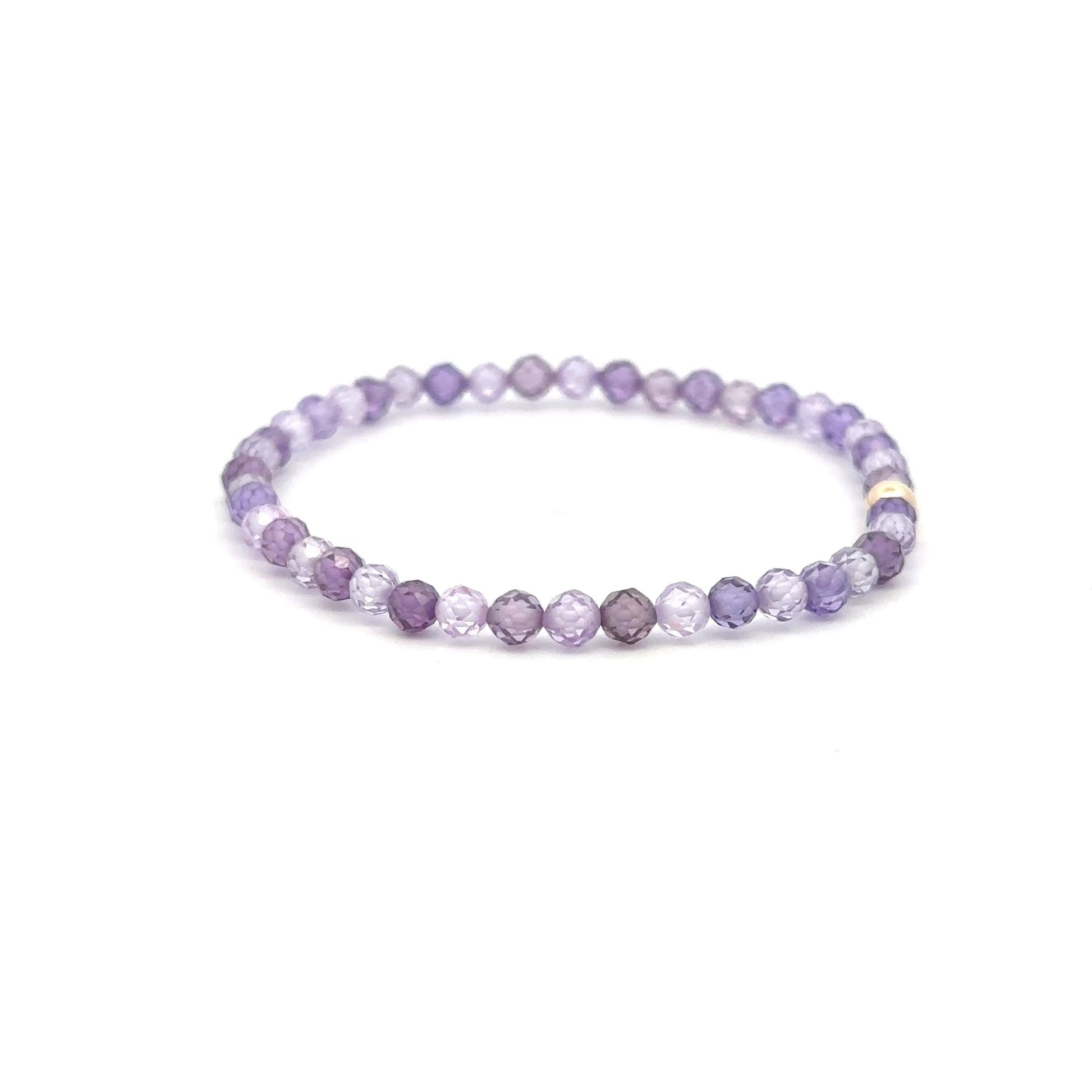 Cubic Zirconia Purple Micro Faceted Gemstone Beaded Stretch Bracelet 14K Gold Accent Bead Handmade - Rafant