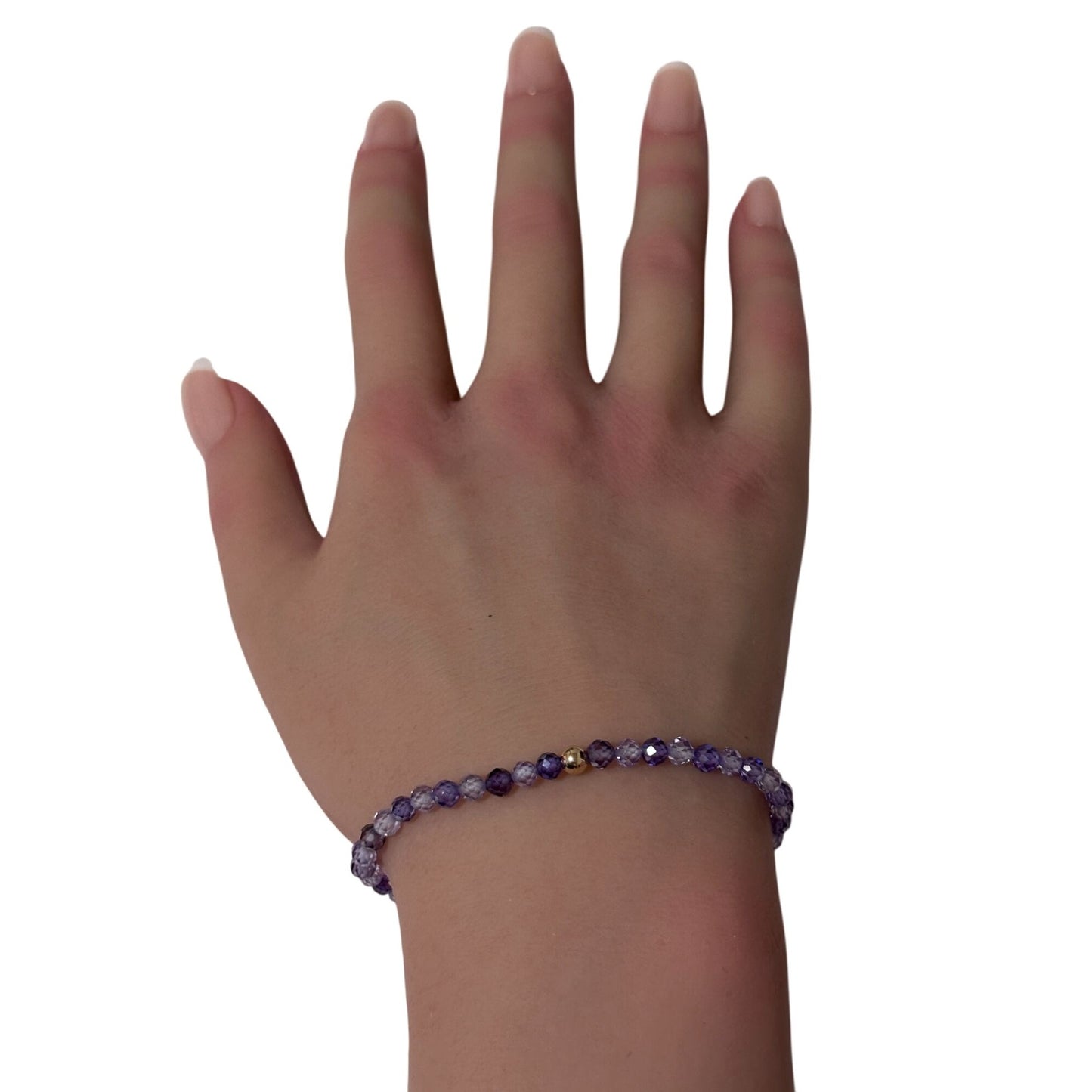 Cubic Zirconia Purple Micro Faceted Gemstone Beaded Stretch Bracelet 14K Gold Accent Bead Handmade - Rafant