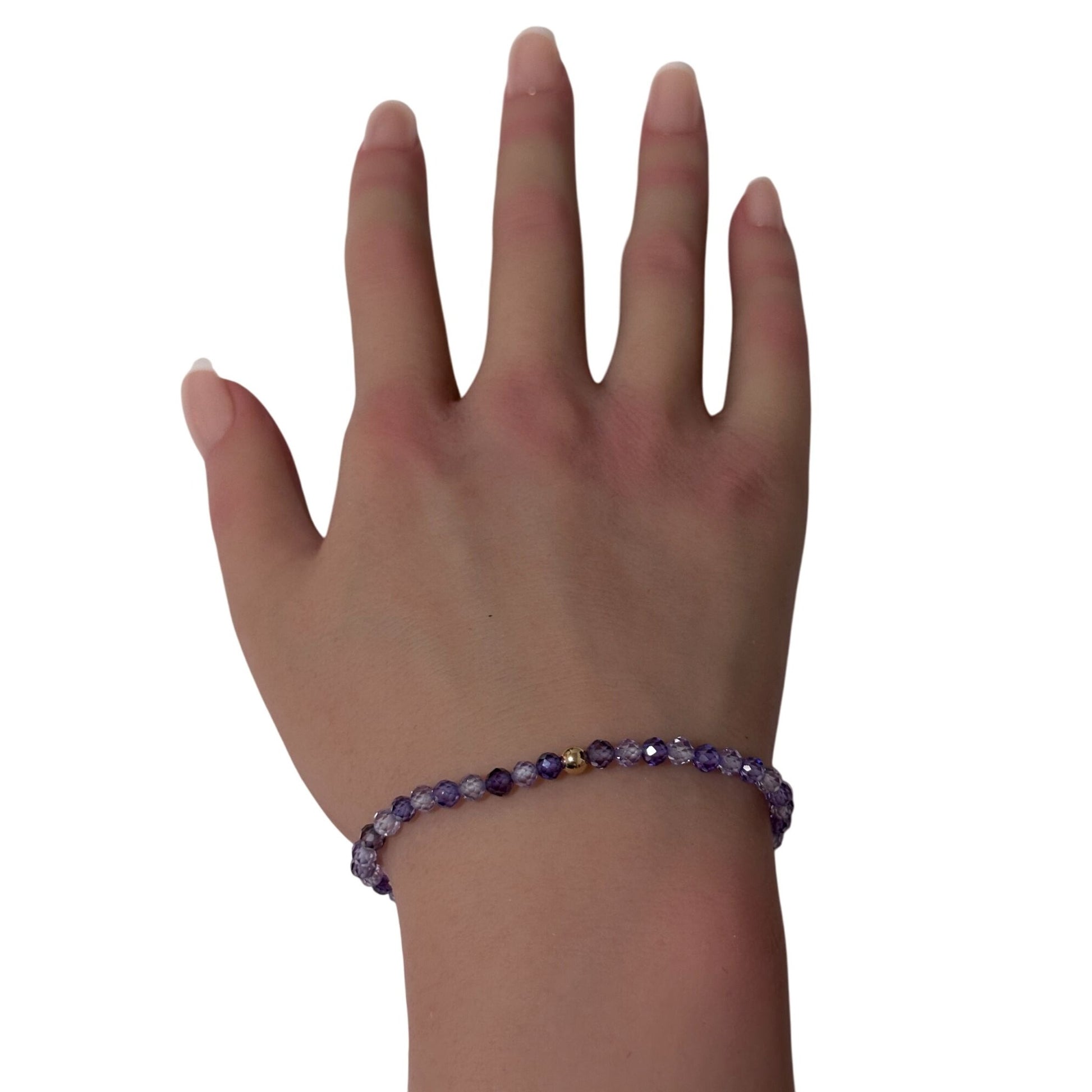 Cubic Zirconia Purple Micro Faceted Gemstone Beaded Stretch Bracelet 14K Gold Accent Bead Handmade - Rafant
