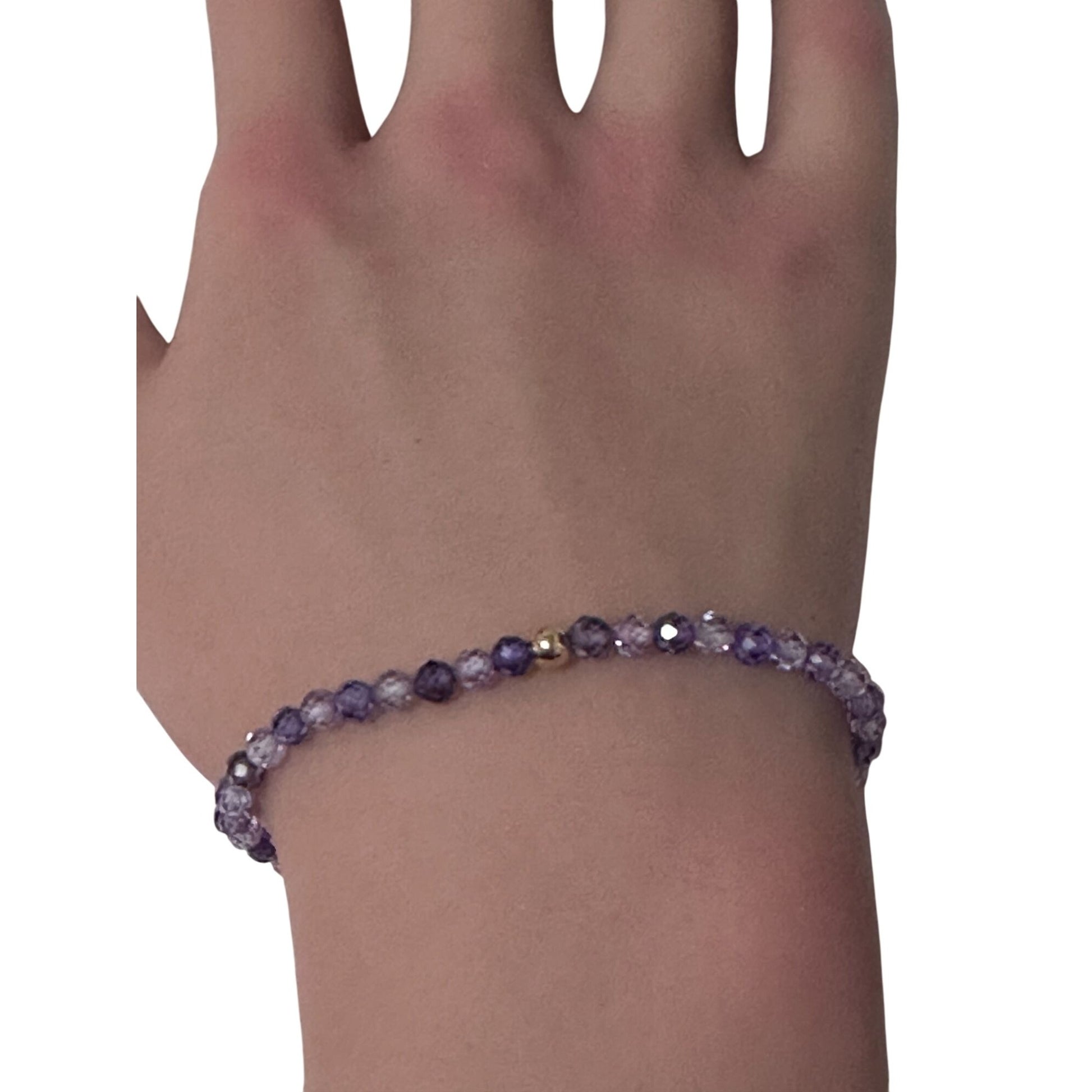 Cubic Zirconia Purple Micro Faceted Gemstone Beaded Stretch Bracelet 14K Gold Accent Bead Handmade - Rafant