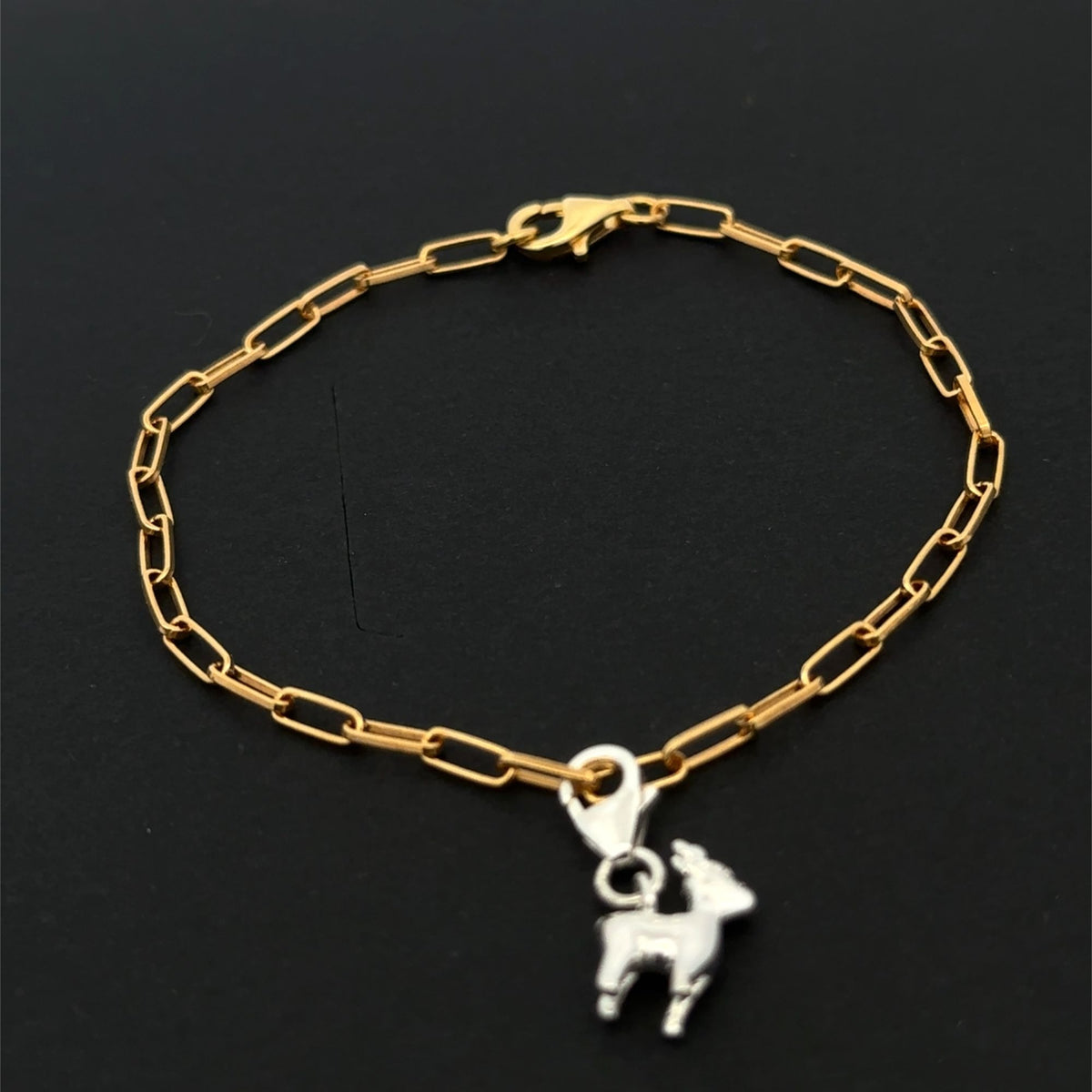 Gold Over 925 Sterling Silver Paperclip Chain Reindeer Charm Bracelet With Clasp Size 6.75"