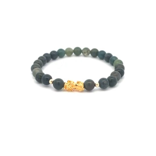 18K Gold Dragon Pixiu Piyao Lucky Charm Beads Bracelet Gemstones Moss Agate 6mm - Rafant