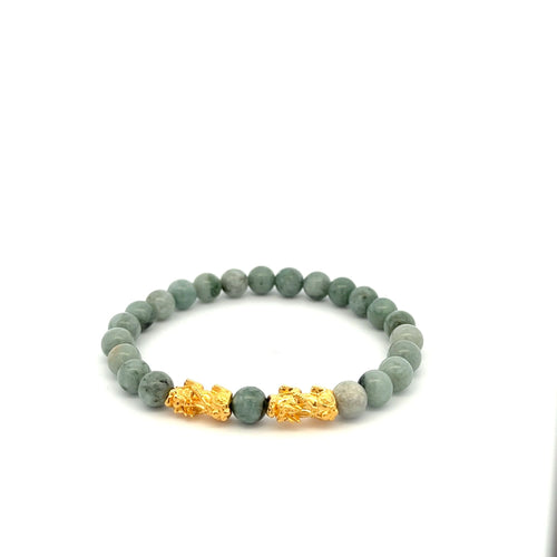 18K Gold Dragon Pixiu Double Piyao Lucky Charm Bracelet Gemstones Burmese Jade 6mm - Rafant