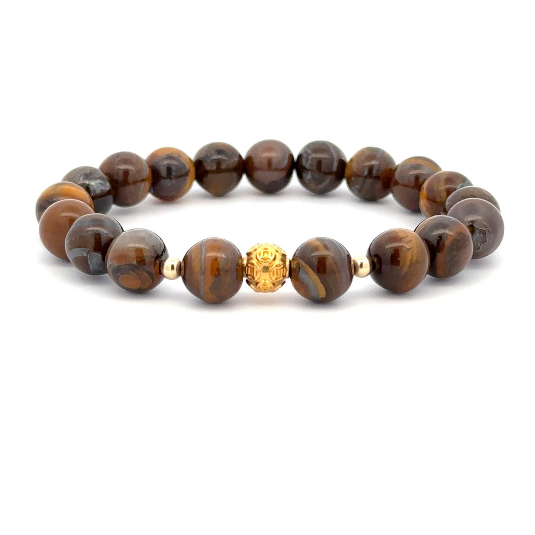 18K Gold Money Ball Lucky Charm Beads Bracelet Gemstones Tiger's Eye 8mm - Rafant