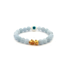 Load image into Gallery viewer, 18K Gold Pixiu Piyao Bracelet Natural Gemstones Aquamarine 6mm Evil Eye MOP
