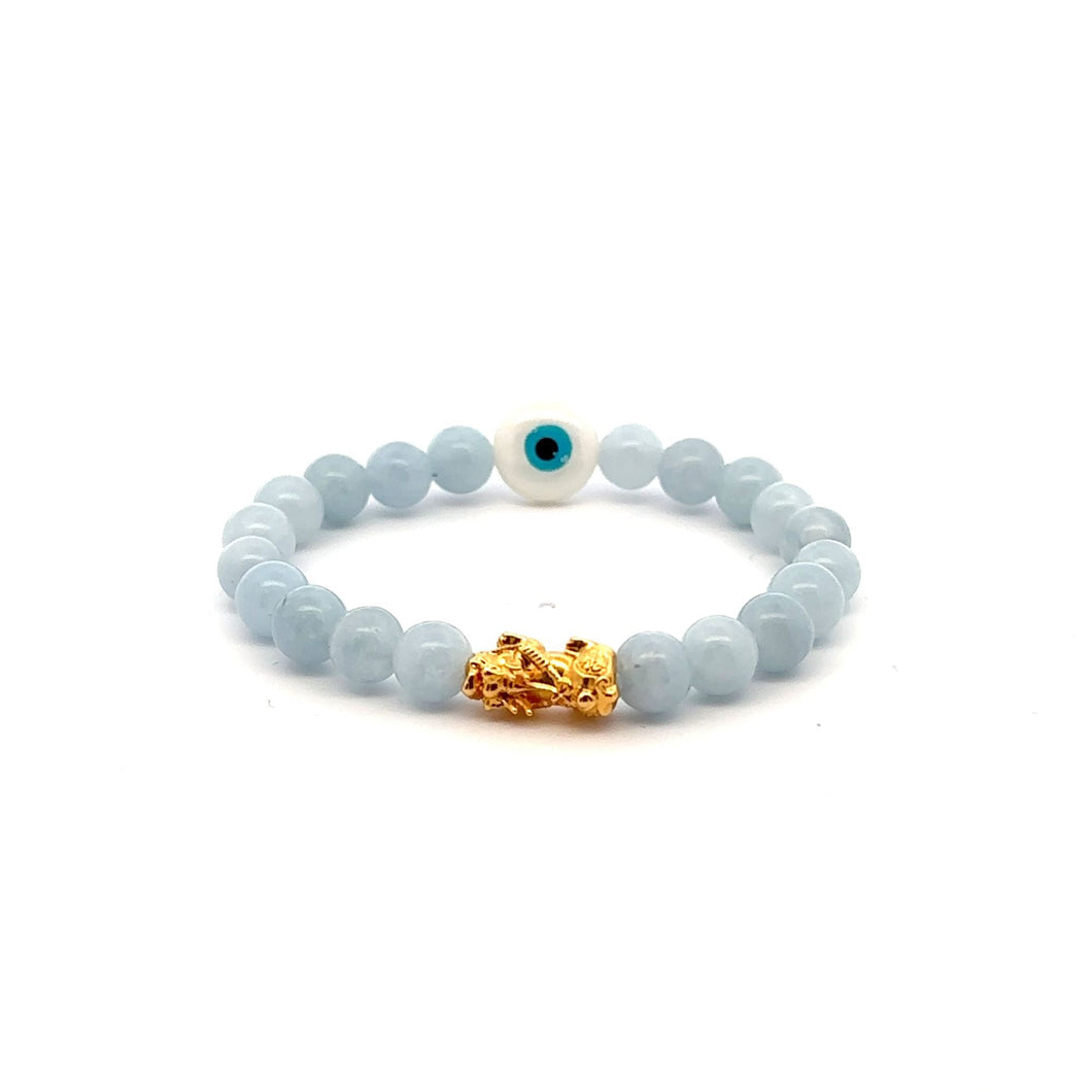 18K Gold Pixiu Piyao Bracelet Natural Gemstones Aquamarine 6mm Evil Eye MOP