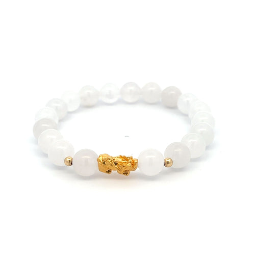 18K Gold Dragon Pixiu Piyao Lucky Charm Beads Bracelet Gemstones White Jade 8mm - Rafant