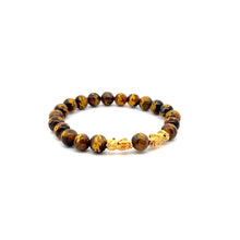 Load image into Gallery viewer, 18K Gold Dragon Pixiu Double Piyao Lucky Charm Bracelet Gemstones Tiger&#39;s Eye 8mm
