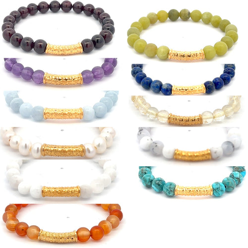 18K Gold Tube Lucky Charm Bracelet Gemstones Birthstones 6mm - Rafant