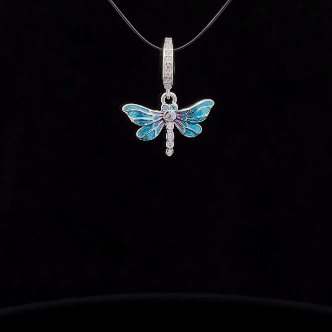 925 Sterling Silver Charm Bead Dragonfly Insect Cubic Zircons Blue For Charm Bracelet Necklace - Rafant