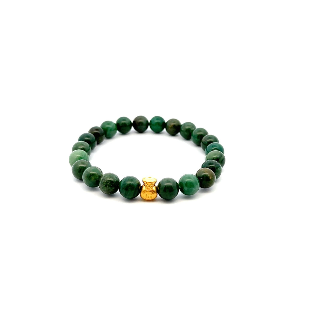 24K Gold Money Bag Lucky Charm Stretchable Bracelet Gemstones Natural African Jade 8mm Size 6.5