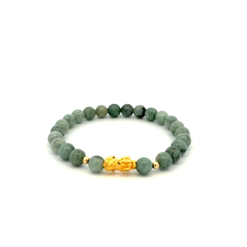 18K Gold Dragon Pixiu Piyao Lucky Charm Beads Bracelet Gemstones Burmese Jade 6mm - Rafant