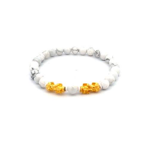 18K Gold Dragon Pixiu Double Piyao Lucky Charm Bracelet Gemstones White Howlite 6mm - Rafant