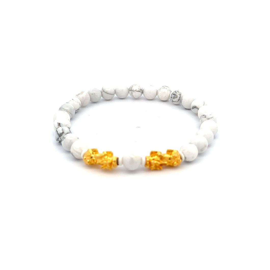 18K Gold Dragon Pixiu Double Piyao Lucky Charm Bracelet Gemstones White Howlite 6mm - Rafant