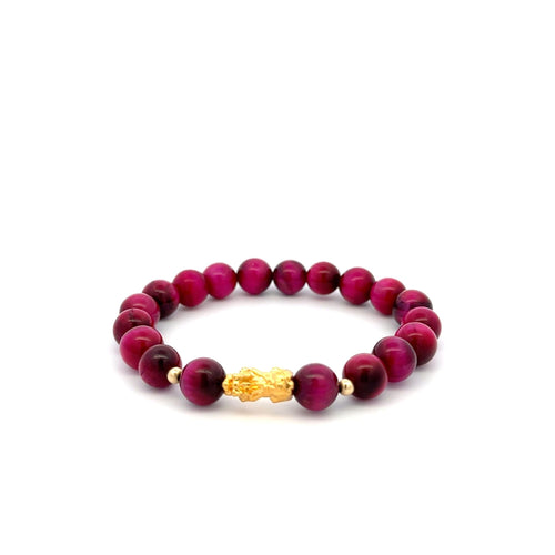 18K Gold Dragon Pixiu Piyao Lucky Bracelet Beads Gemstone Pink Tiger's Eye 8mm - Rafant