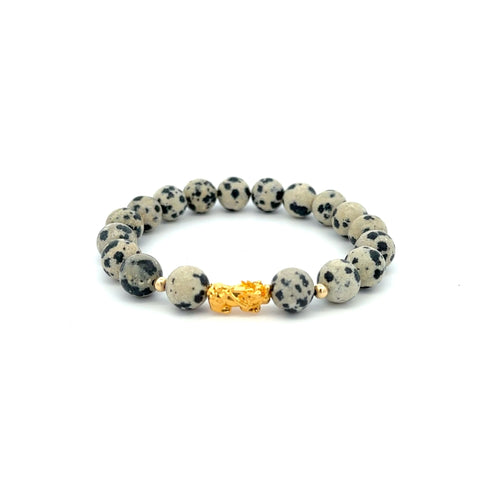 18K Gold Dragon Pixiu Piyao Lucky Bracelet Beads Gemstone Dalmatian Jasper 8mm - Rafant