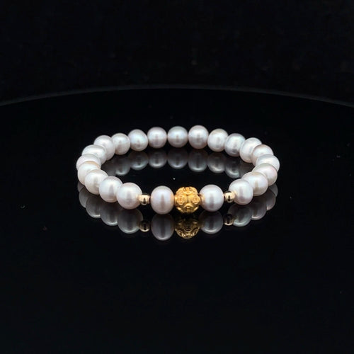 18K Gold Money Ball Lucky Charm Beads Bracelet Gemstones Freshwater Light Grey Pearl 6mm - Rafant