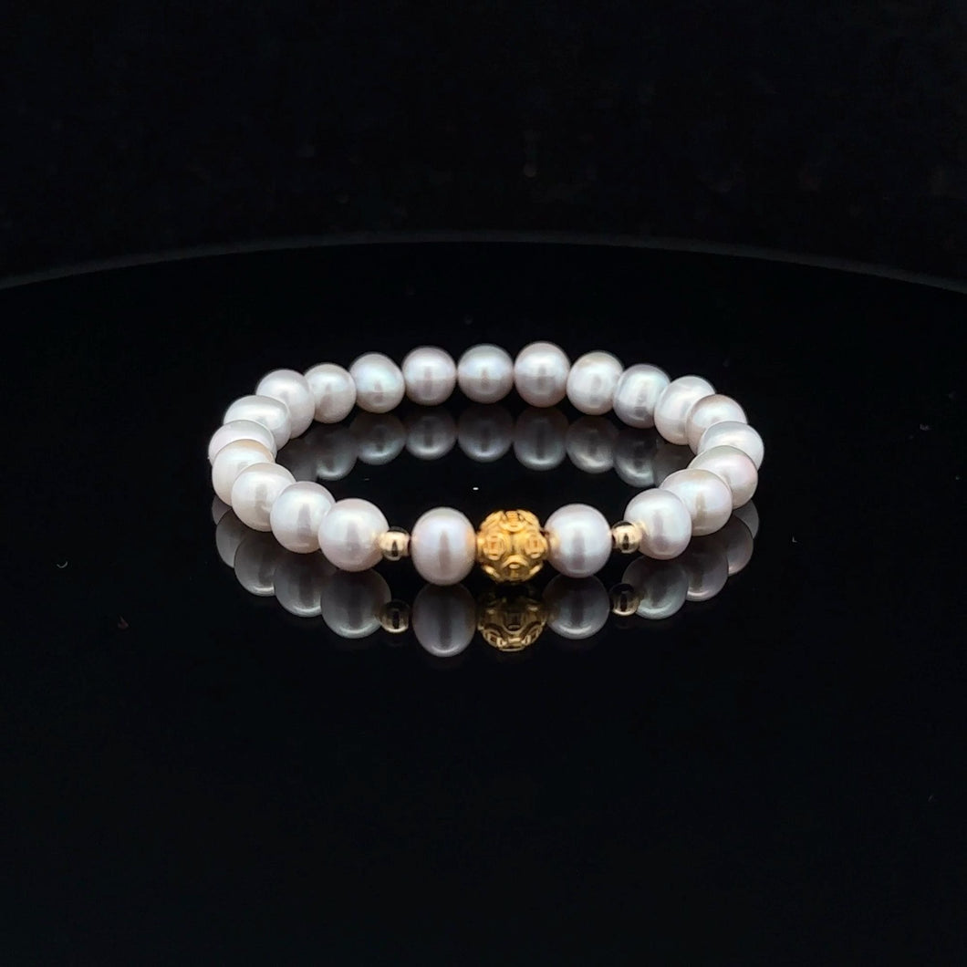 18K Gold Money Ball Lucky Charm Beads Bracelet Gemstones Freshwater Light Grey Pearl 6mm - Rafant