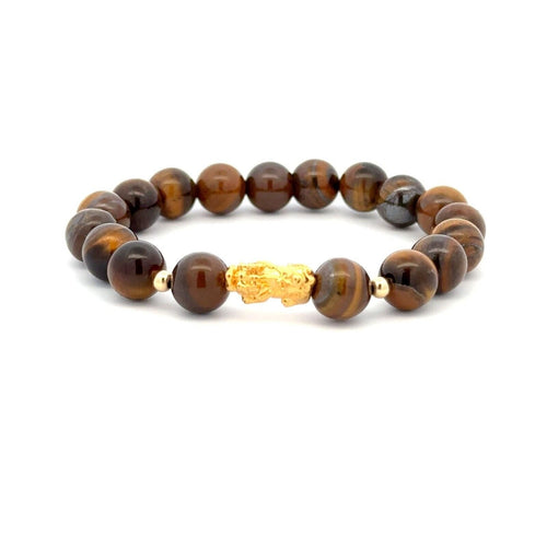 18K Gold Dragon Pixiu Piyao Lucky Charm Bead Bracelet Gemstones Tiger's Eye 8mm - Rafant