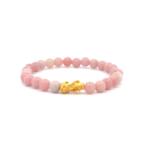 24K Gold Piyao Pixiu Lucky Charm Bracelet Gemstones Natural Pink Opal 6mm - Rafant