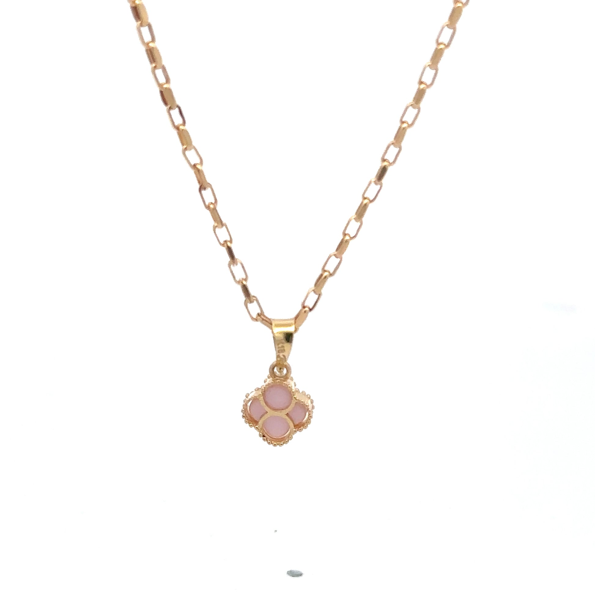 18K Gold Necklace 18" Cable Chain Rose Quartz Flower Pendant 2.4 grams - Rafant