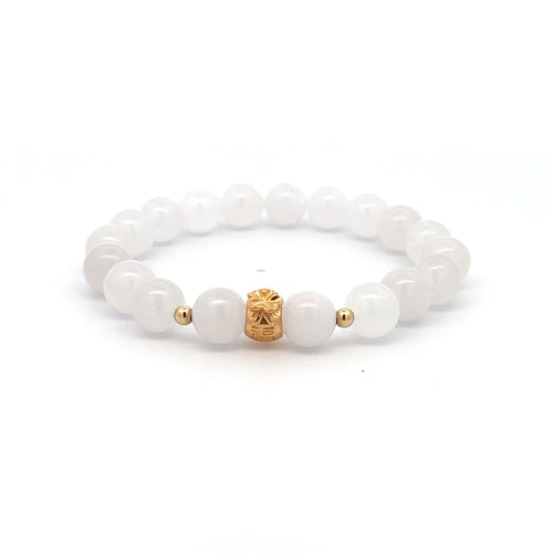 18K Gold Money Bag Lucky Charm Beads Bracelet Gemstones White Jade 8mm - Rafant