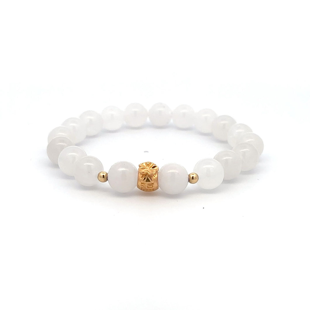 18K Gold Money Bag Lucky Charm Beads Bracelet Gemstones White Jade 8mm - Rafant