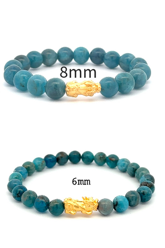 24K Gold Piyao Pixiu Lucky Charm Bracelet Natural Gemstones Apatite 6mm-8mm - Rafant