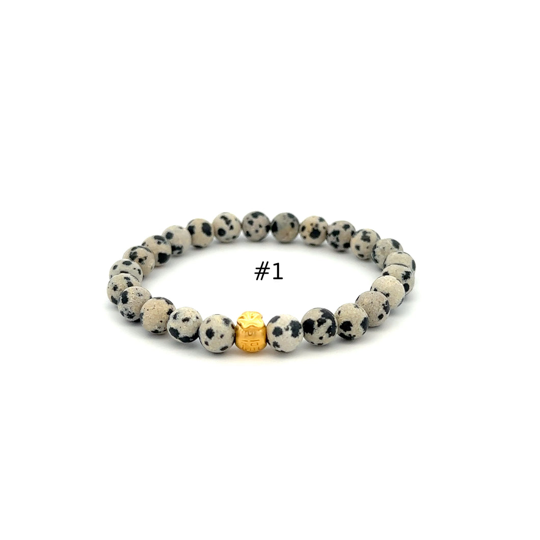 Natural Dalmatian Jasper Gemstones 6mm-8mm 24k Gold Money Bag Charm Stretch Bracelet - Rafant