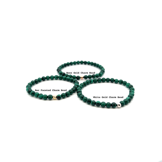 Natural Malachite Gemstones Mini 4mm 18K Yellow Gold Charm Bead - Rafant