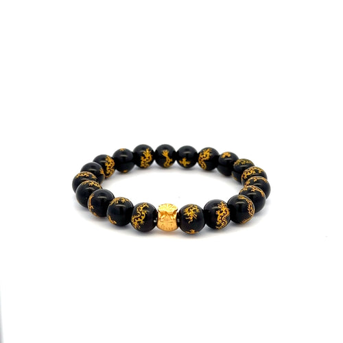 24K Yellow Gold Money Bag Lucky Bracelet Gemstones Black Agate 7.5-8mm - Rafant