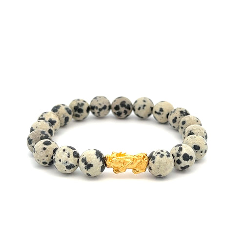 24K Gold Piyao Pixiu Lucky Charm Bracelet Natural Gemstones Dalmatian Jasper 8mm - Rafant