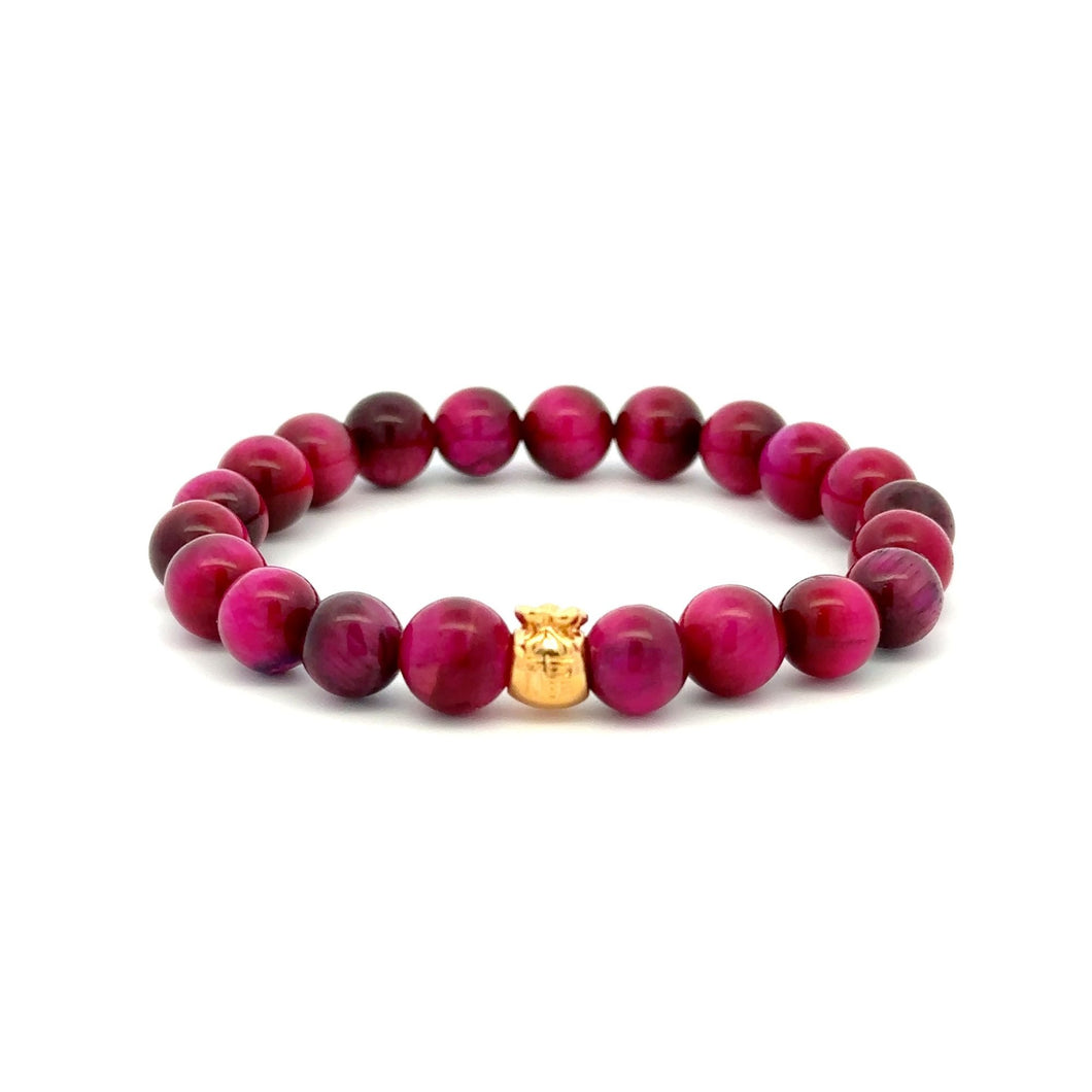 18K Gold Money Bag Good Luck Charm Bracelet Gemstones Tiger's Eye 8mm - Rafant