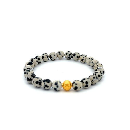 18K Gold Money Ball Lucky Bracelet Gemstones Dalmatian Jasper 6mm - Rafant