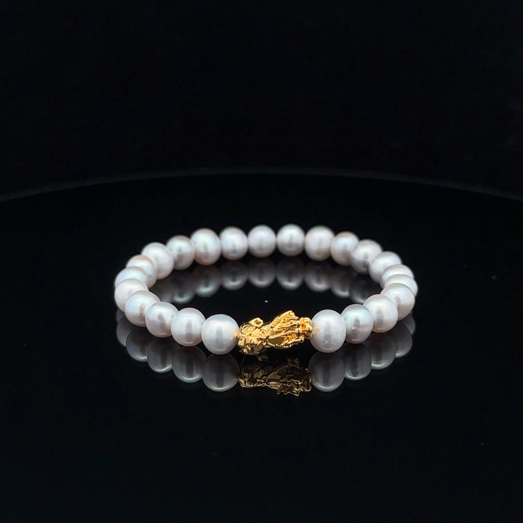 18K Gold Pixiu Piyao Bracelet Natural Gemstones Freshwater Pearl Light Grey - Rafant