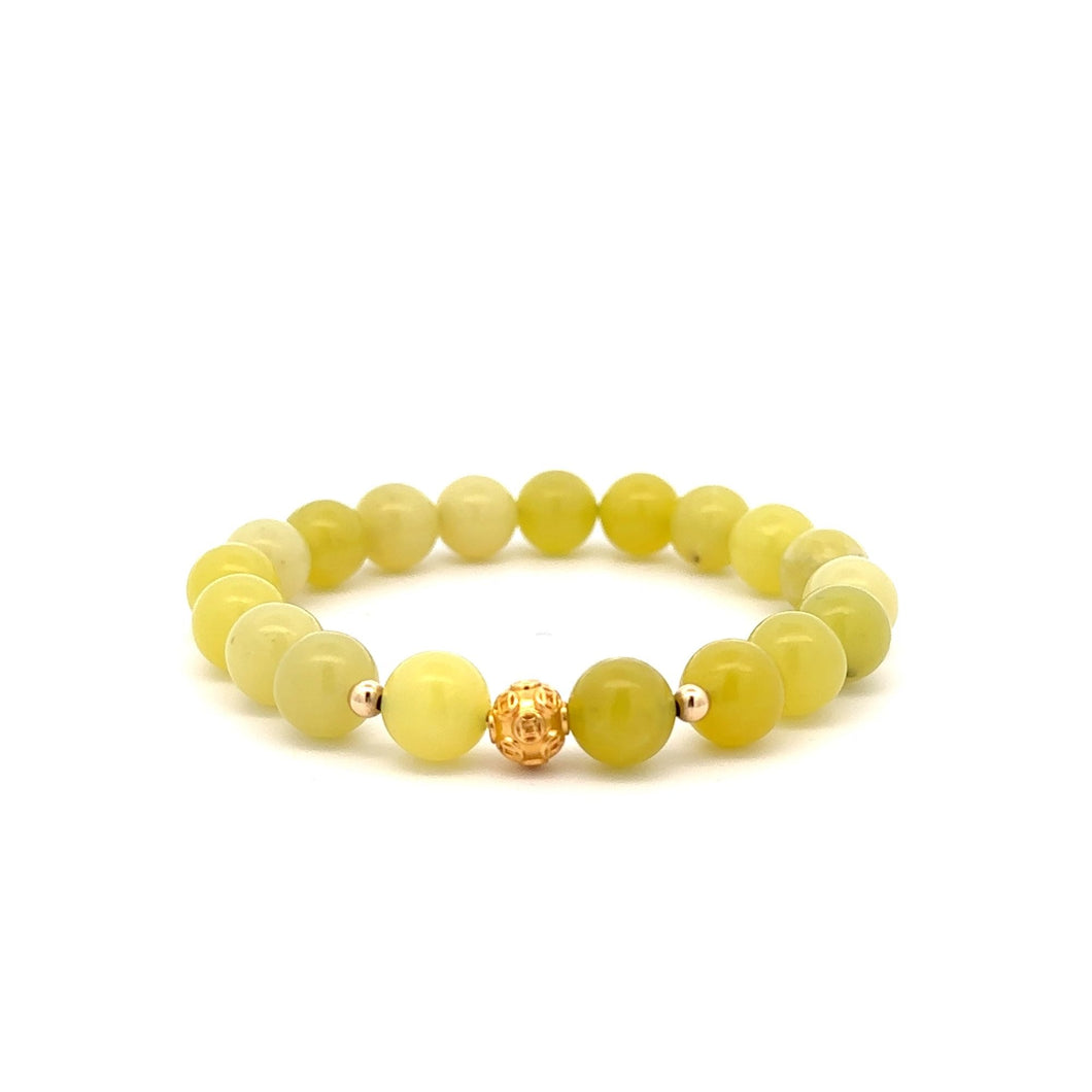 18K Gold Money Ball Lucky Charm Beads Bracelet Gemstones Lemon Jade 8mm - Rafant