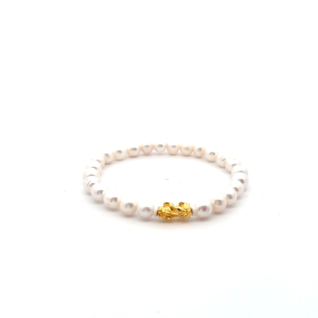 18K Gold Pixiu Piyao Bracelet Gemstones Freshwater White Pearls 6-7mm