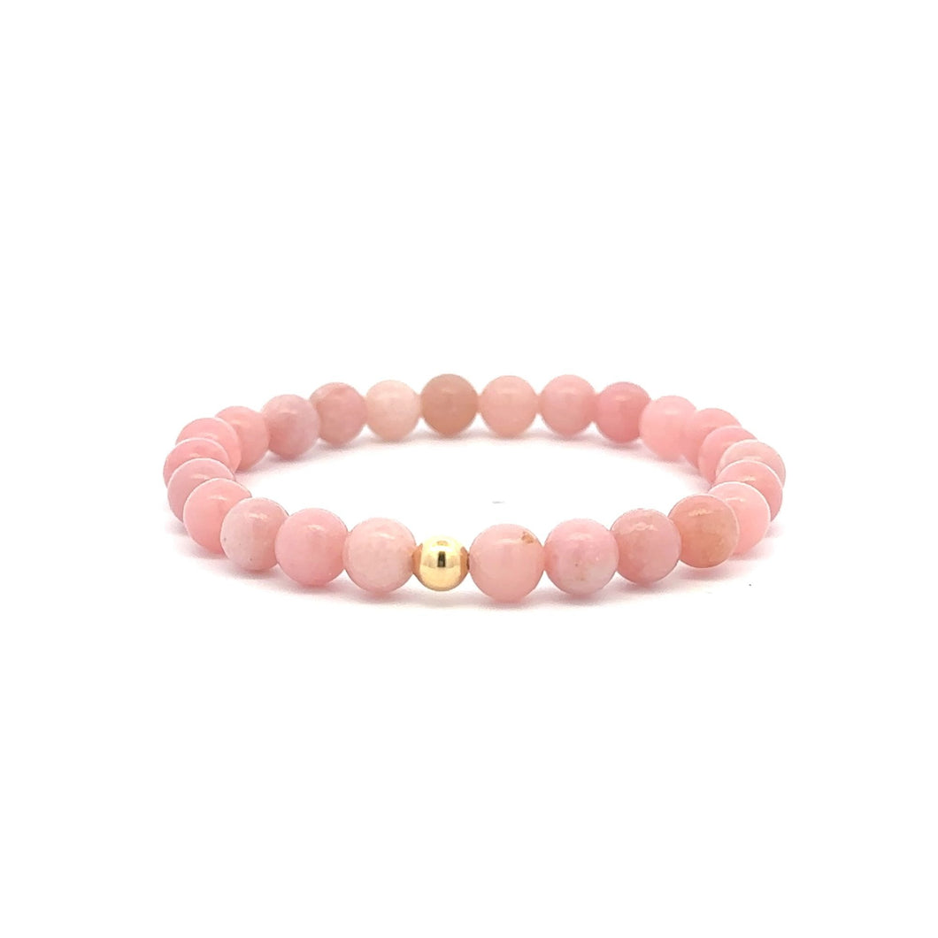 Natural Opal Pink Gemstones 6mm Stretchable Bracelet 18k Gold Bead Charm - Rafant