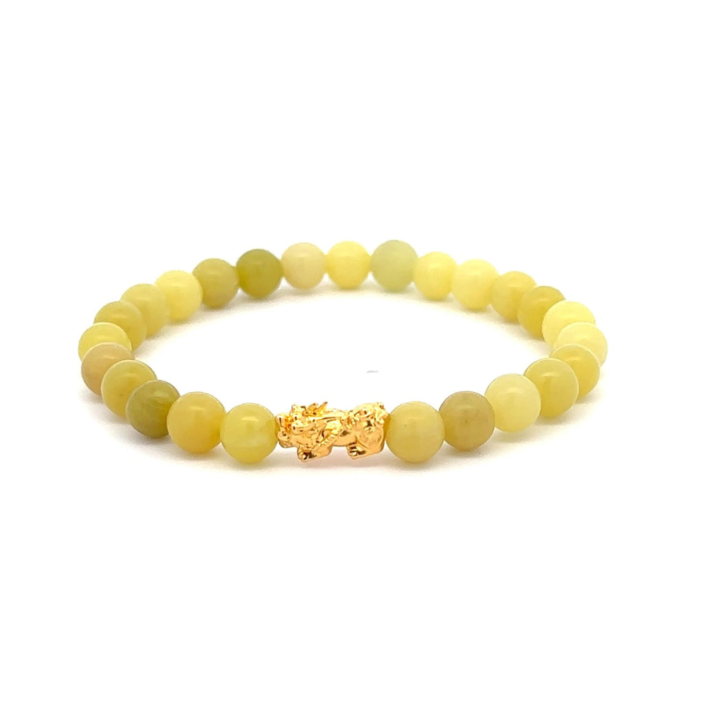 18K Gold Piyao Pixiu Dragon Lucky Charm Bracelet Gemstones Lemon Jade 6mm - Rafant