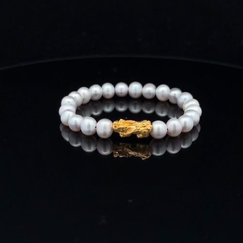 24K Gold Piyao Pixiu Lucky Charm Bracelet Gemstone Natural Freshwater Pearl Light Grey 6mm - Rafant