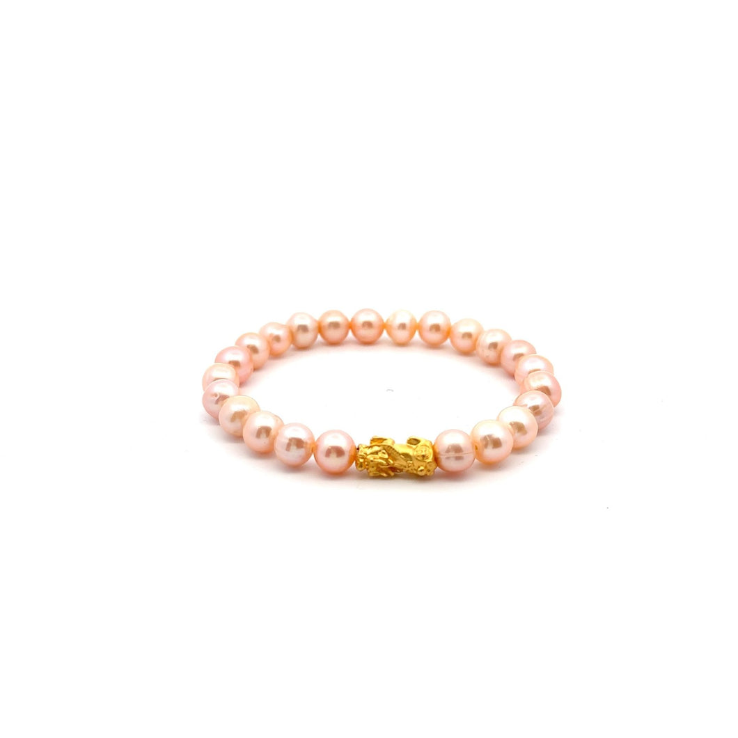 24K Gold Piyao Pixiu Bracelet Natural Freshwater Pink Pearls 7-8mm