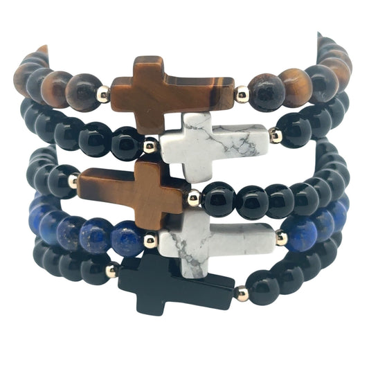 6mm Gemstone Cross Stretch Bracelet with 14K Gold Accents