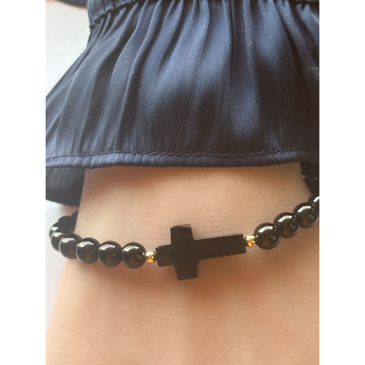 6mm Gemstone Cross Stretch Bracelet with 14K Gold Accents