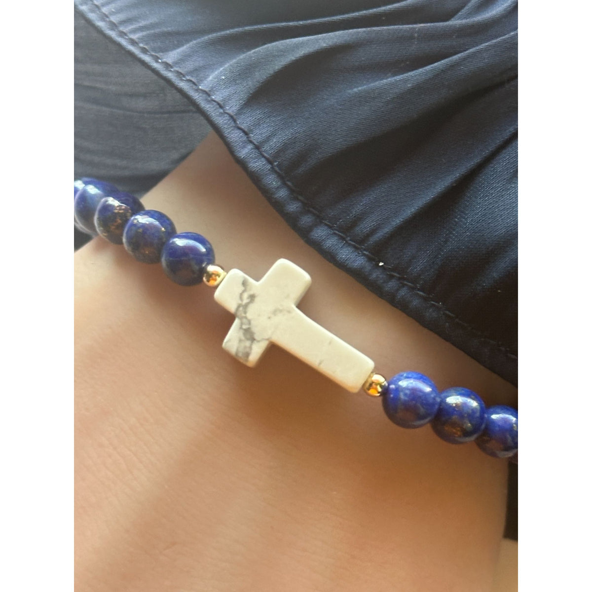 6mm Gemstone Cross Stretch Bracelet with 14K Gold Accents