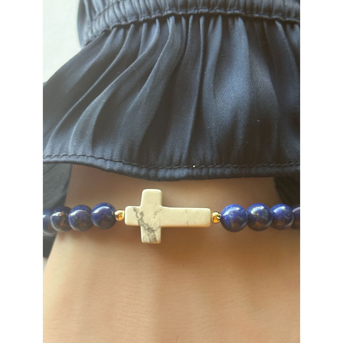 6mm Gemstone Cross Stretch Bracelet with 14K Gold Accents