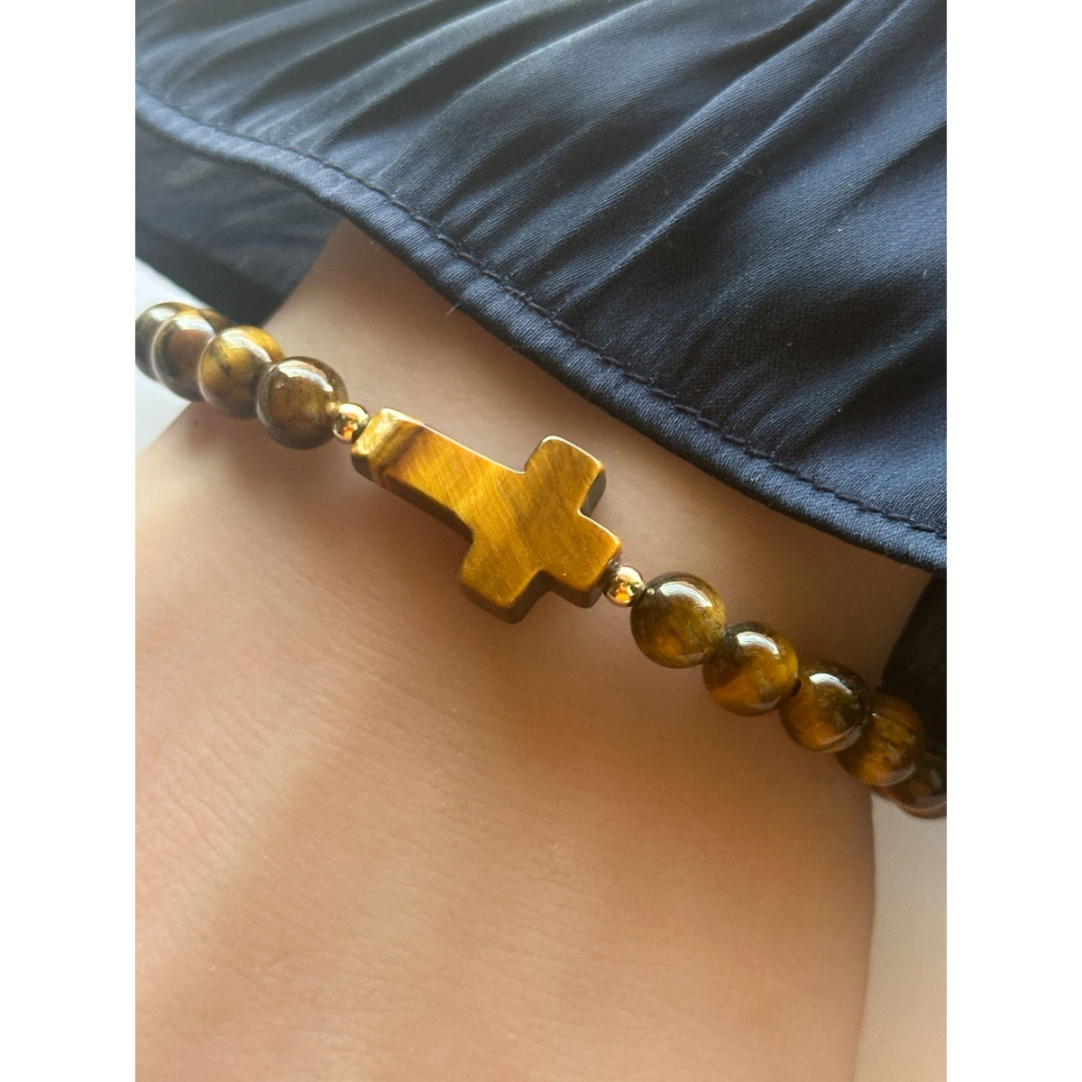 6mm Gemstone Cross Stretch Bracelet with 14K Gold Accents
