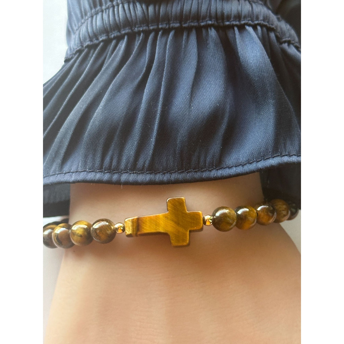 6mm Gemstone Cross Stretch Bracelet with 14K Gold Accents