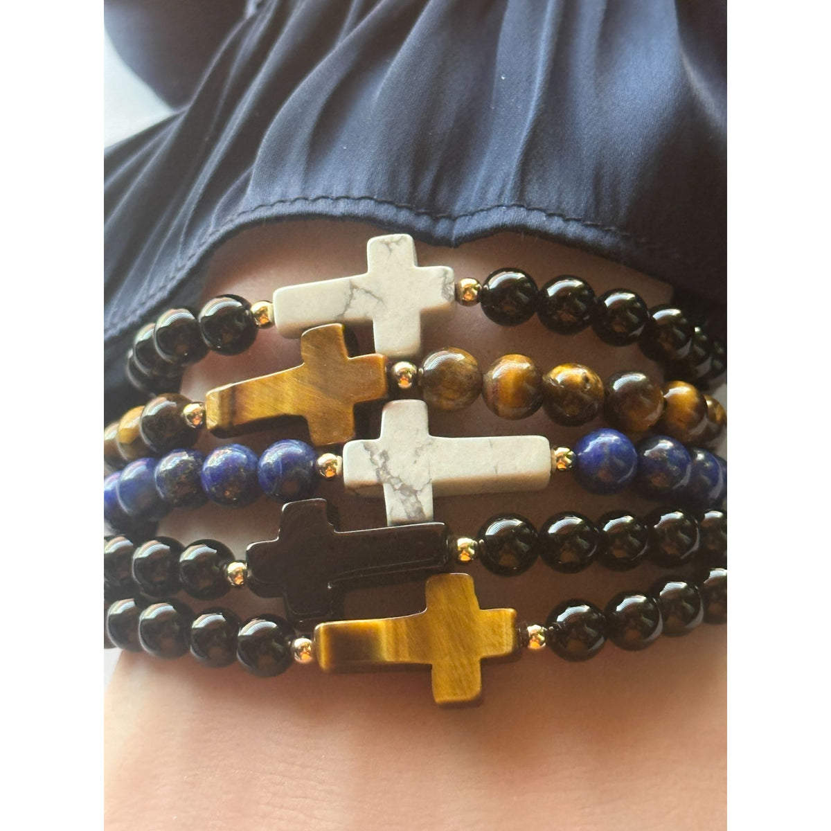 6mm Gemstone Cross Stretch Bracelet with 14K Gold Accents